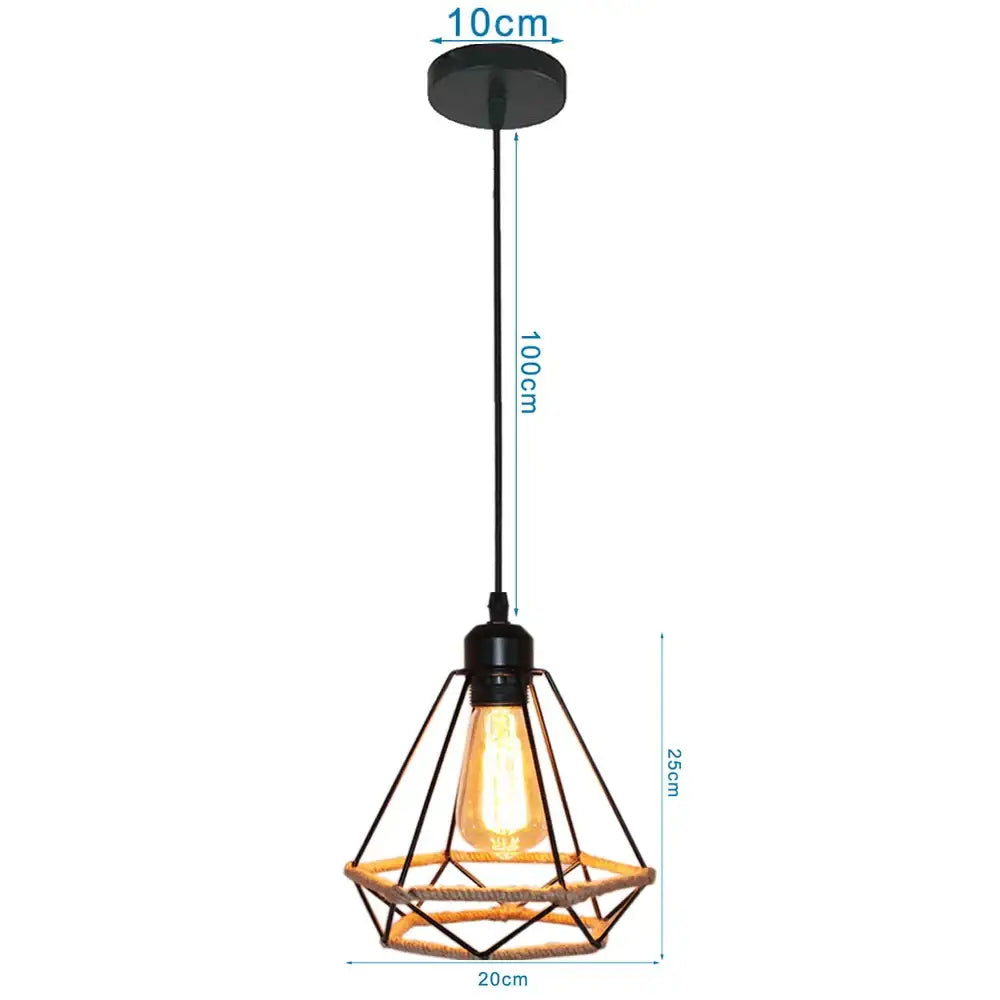 Geometric black diamond cage iron pendant light with rope detail for dining room featuring a cage iron pendant design