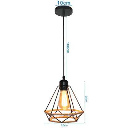 Geometric black diamond cage iron pendant light with rope detail for dining room featuring a cage iron pendant design
