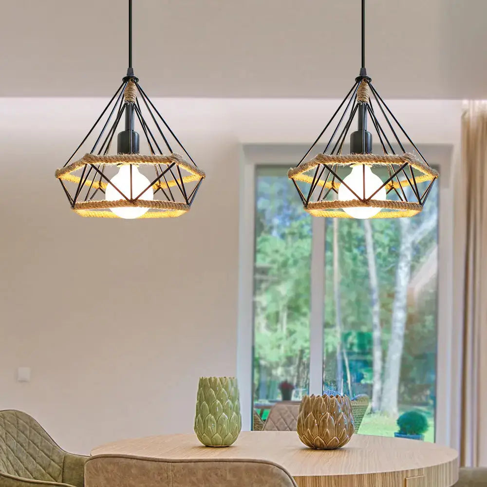 Black metal pendant light with diamond cage iron design and rope detail for dining room lighting