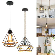 Black metal geometric pendant light with diamond cage iron design and rope suspension for dining room use
