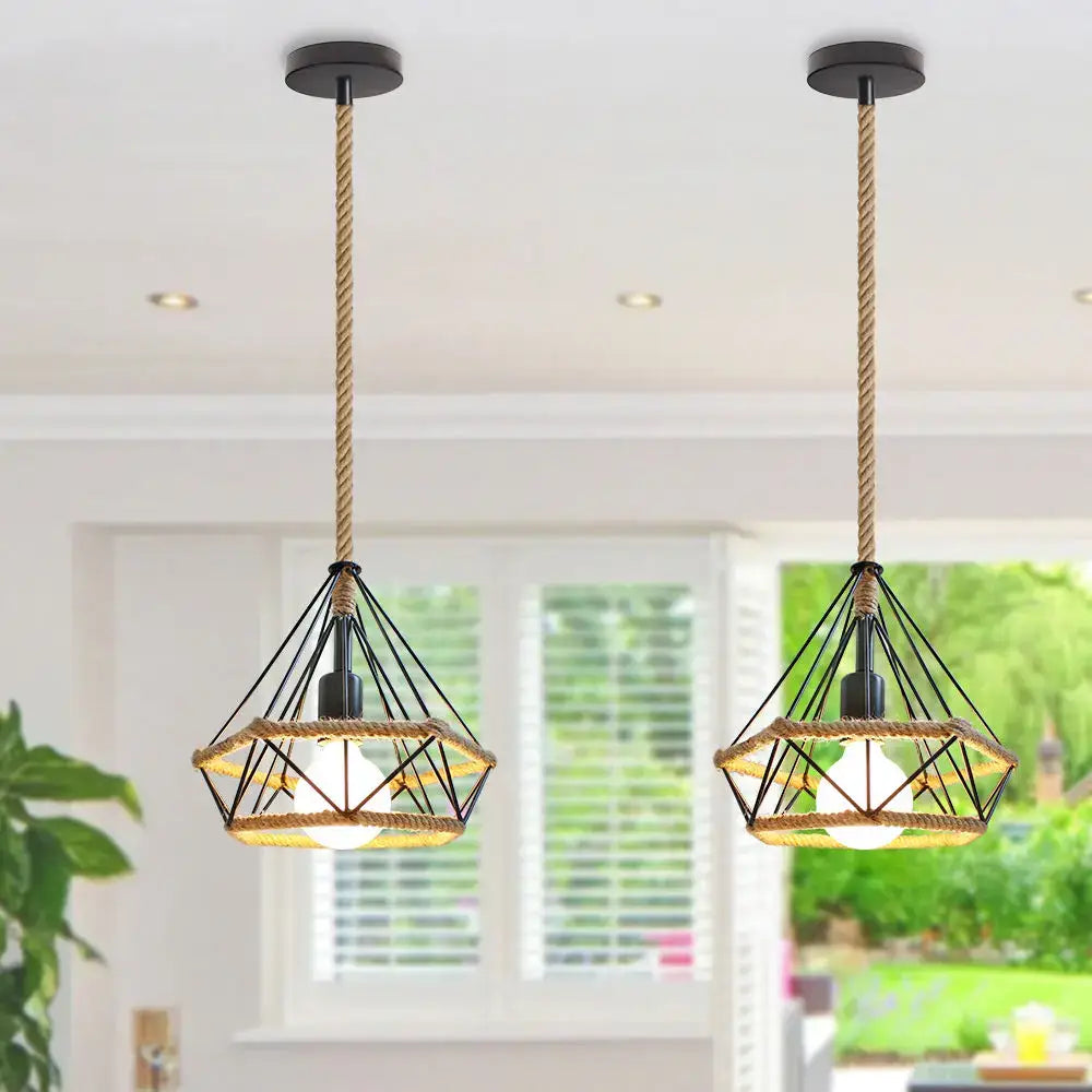 Black geometric pendant light with diamond cage iron and woven rope detail for rustic dining room decor
