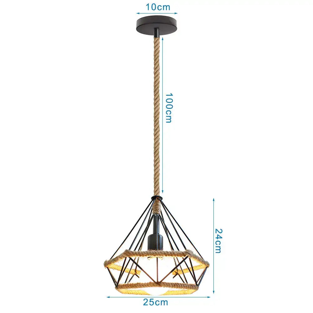 Industrial-style geometric black diamond cage iron pendant light with natural rope suspension and woven rope accents