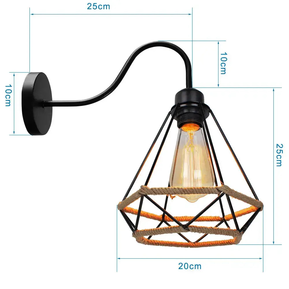 Black metal pendant light with diamond cage iron design and woven rope accents housing exposed edison bulb