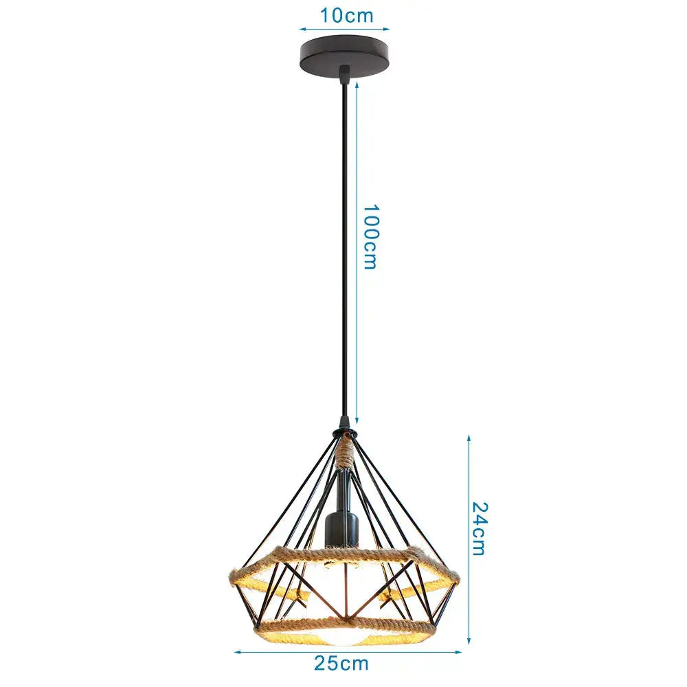 Black metal cage iron pendant light with diamond cage design and rope detail for dining room lighting