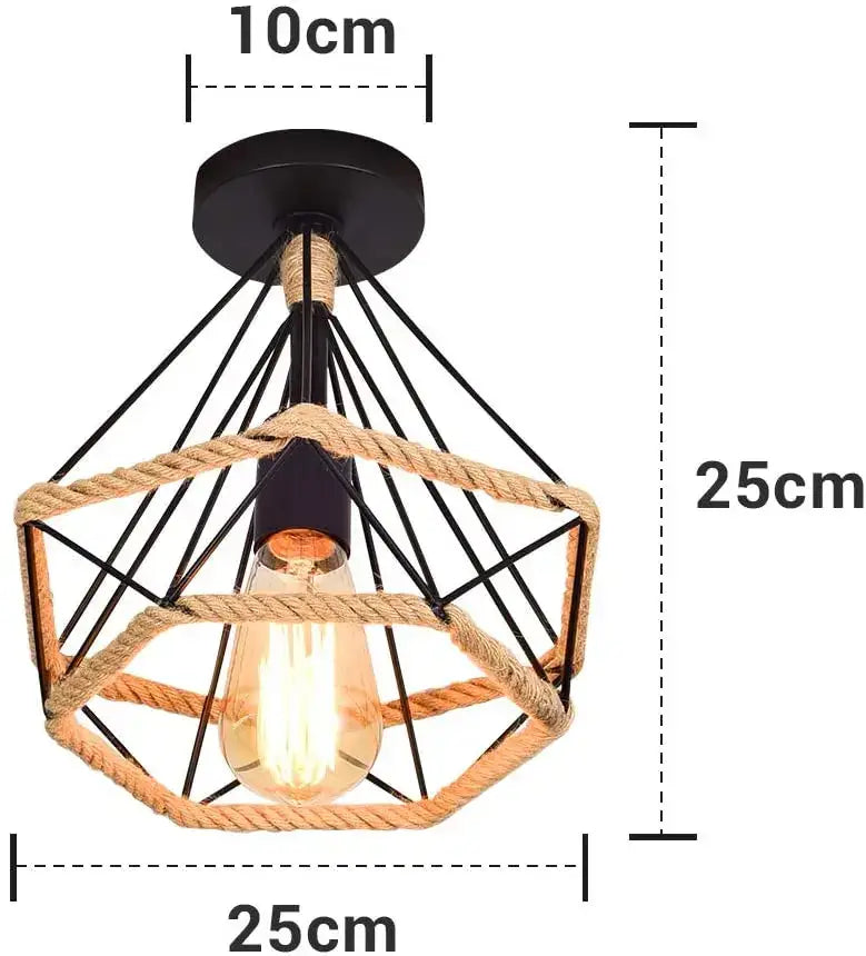 Geometric black diamond cage iron pendant light with natural rope detail and warm filament bulb for dining room