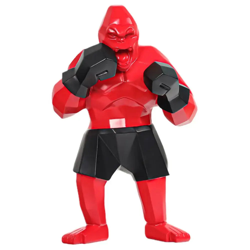 Red and black geometric king kong gorilla sculpture with boxing gloves and shorts for office decorbites desk decor
