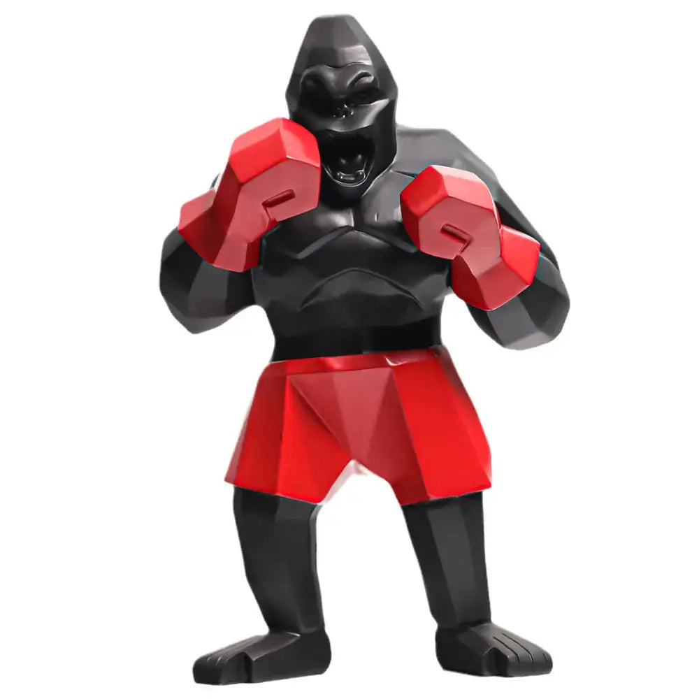 Geometric black and red kong gorilla sculpture wearing boxing gloves and shorts for office desk decorbites king kong decor