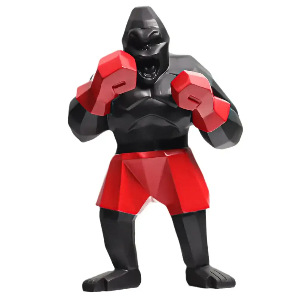 Geometric black and red king kong sculpture wearing boxing gloves and shorts by decorbites king kong for office decor