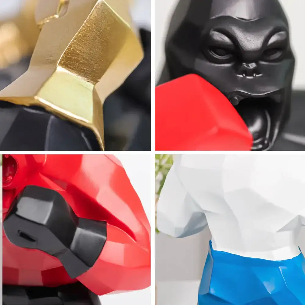 Stylized low-poly decorbites king kong sculpture with glossy black finish and red mouth accents for office desk decor