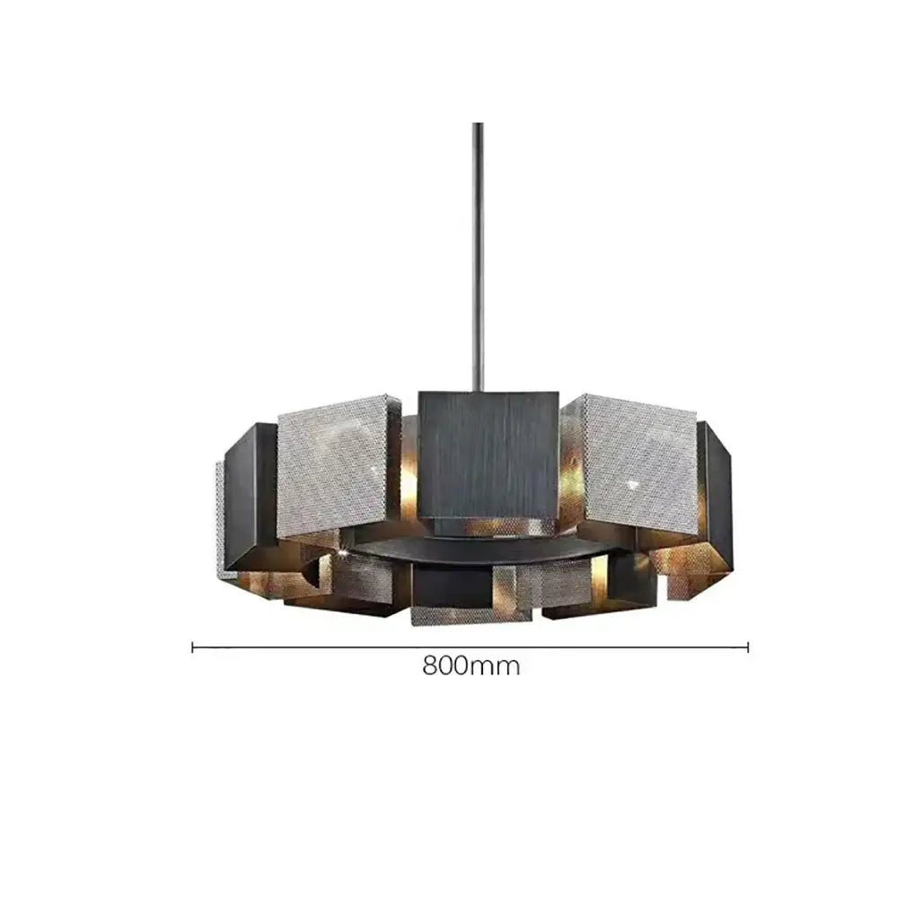 Modern geometric black metal pendant light with dark matte finish and metallic mesh panels for dining room decorbites black metal