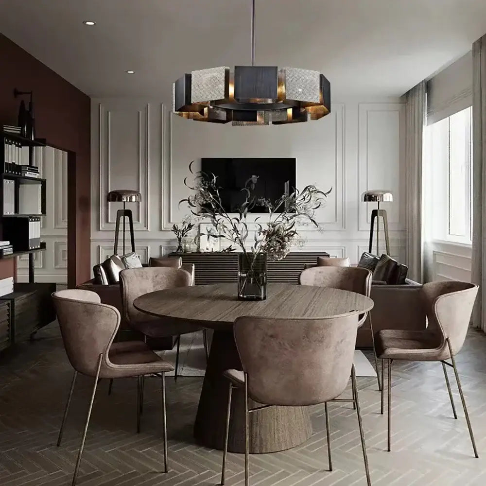 Modern geometric black and gold metal pendant light with layered textured panels for dining room decorbites black metal pendant lights