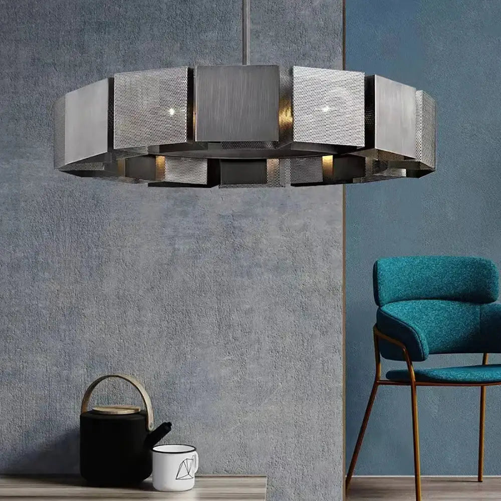Modern geometric black and gold metal pendant light with brushed finish and perforated panels for dining room decorbites black metal pendant lights