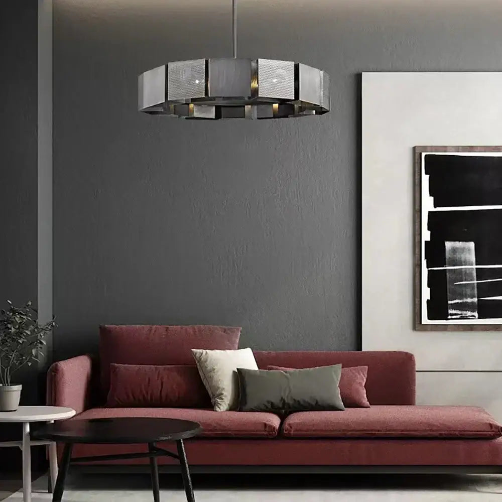 Modern geometric black metal pendant light with gold frame and textured glass panels for dining room decorbites black metal