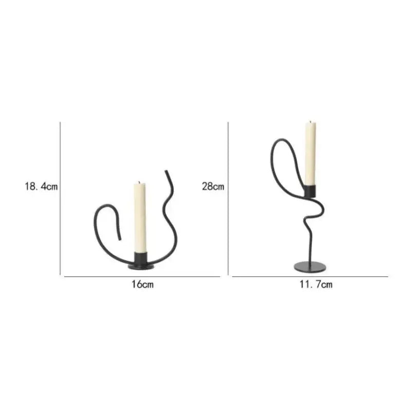 Black wrought iron candlestick candelabrum with a sleek abstract curving design and matte finish for dining decor