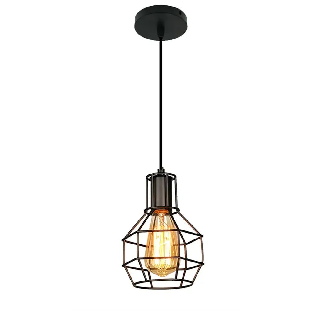 Geometric black metal chandelier kitchen wireframe pendant light with exposed Edison bulb by decorbites black metal