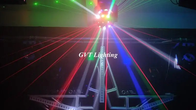 A sleek metallic geometric black moving head light beam strobe emitting vibrant red green and blue beams for party rooms