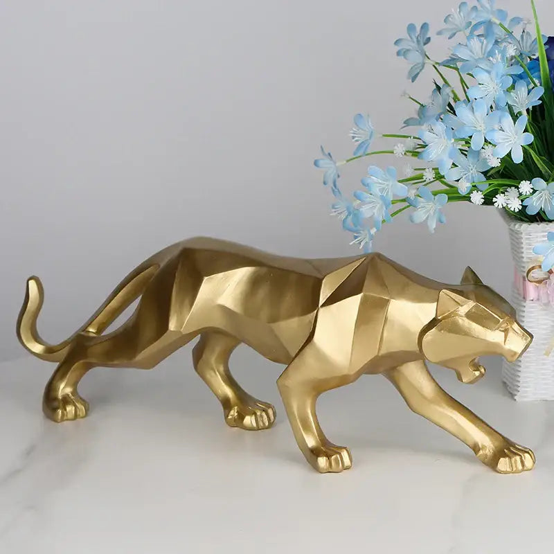 Golden geometric panther figurine with angular faceted design for decorbites black panther resin living room decor