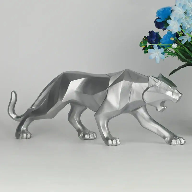 Silver geometric black panther resin figurine with faceted design and polished metallic finish for decorbites black panther decor
