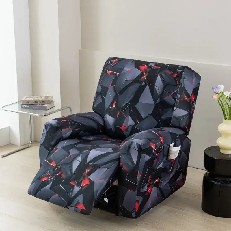 Geometric black and red stretch fabric recliner cover with bold pattern for living room seating protection