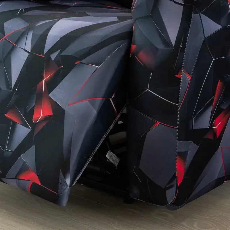 Geometric black and red stretch fabric recliner cover with angular faceted design for living room sofa
