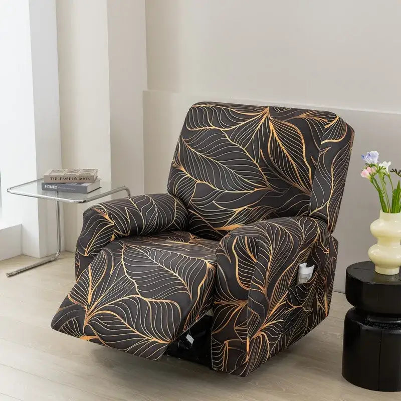Black recliner chair with sleek stretchy fabric cover featuring an elegant gold leaf pattern for living room use