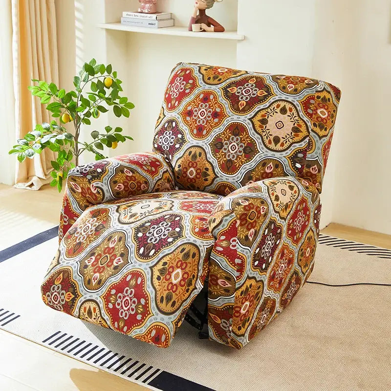 A cozy recliner with a geometric black and red stretch fabric cover featuring intricate floral motifs for living room use