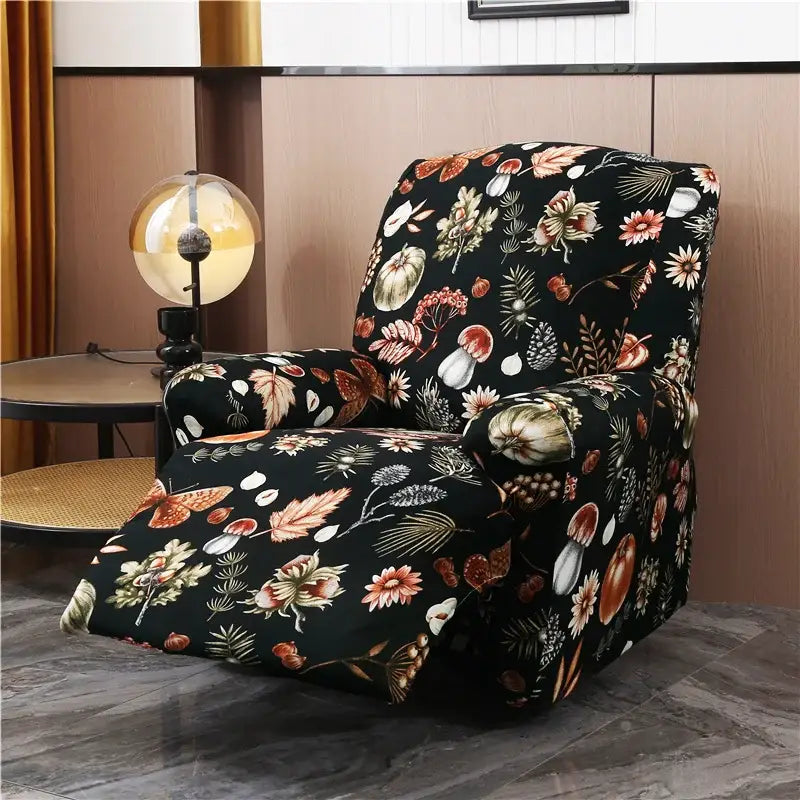 Black floral-patterned stretch recliner chair cover with autumn leaves pumpkins and mushrooms for living room use