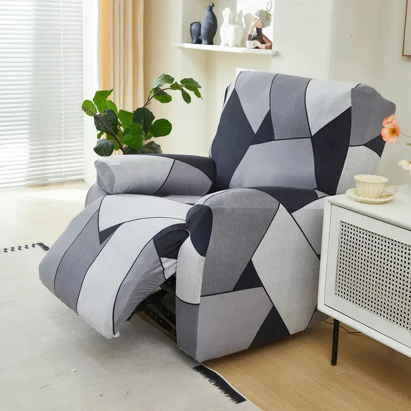 Gray and black geometric patterned stretch fabric recliner cover for living room with elastic fit and modern design