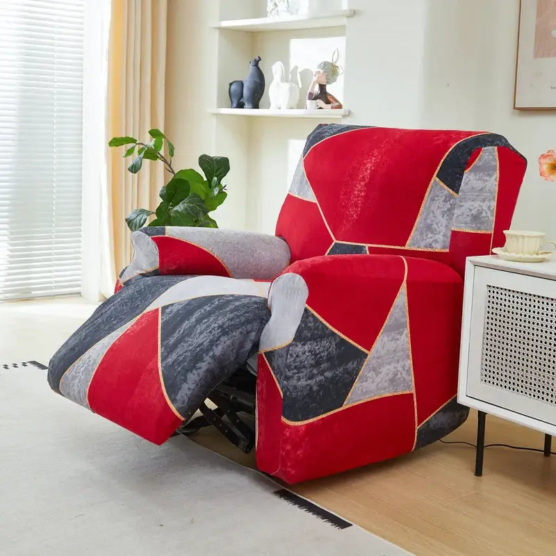 Geometric black red gray and white stretch fabric recliner cover with a geometric pattern for living room use