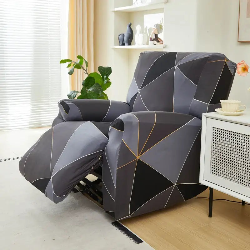 Gray geometric-patterned stretch recliner chair cover with white and gold accent lines for living room use