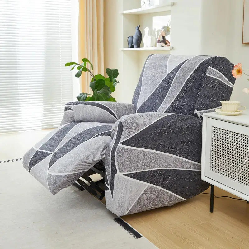 Gray and white geometric-patterned stretch recliner cover suitable for living room furniture protection and style