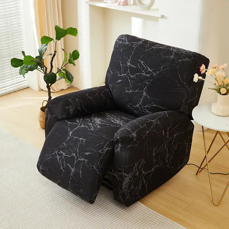 Geometric black and red stretch recliner cover with black marble pattern for living room comfort and style