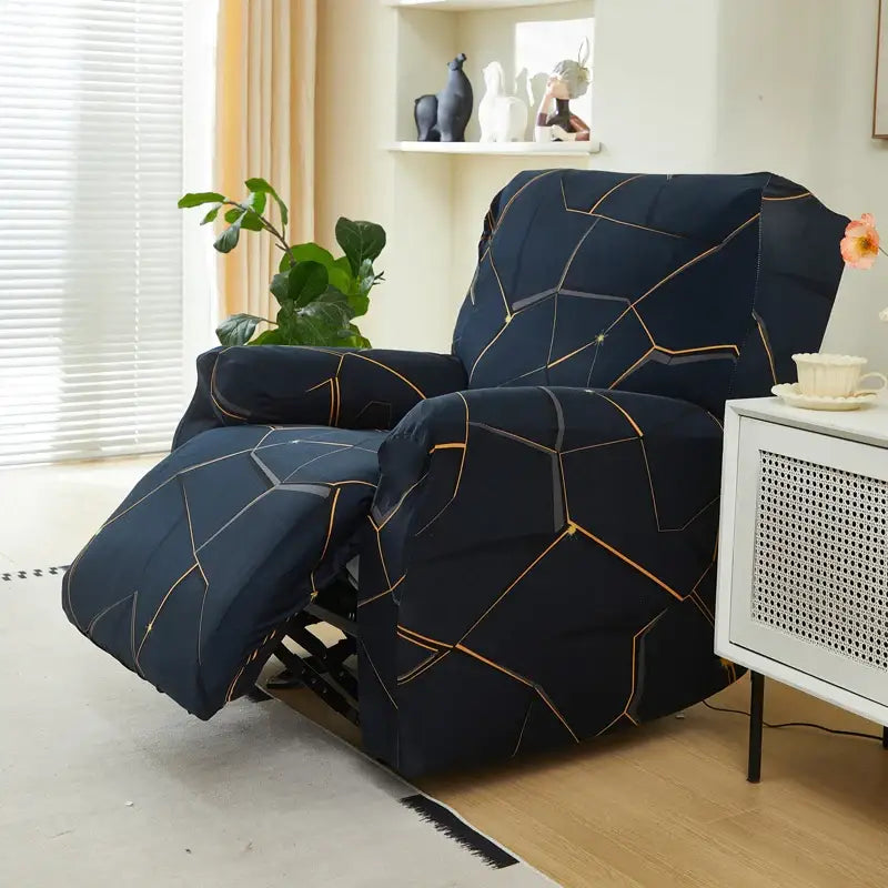 Navy blue stretch recliner cover with gold geometric pattern for living room furniture protection