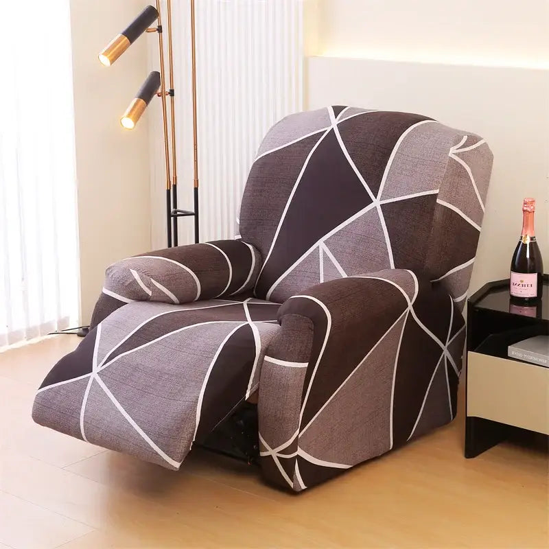 A sleek gray and black geometric stretch fabric recliner cover for living room with bold white lines