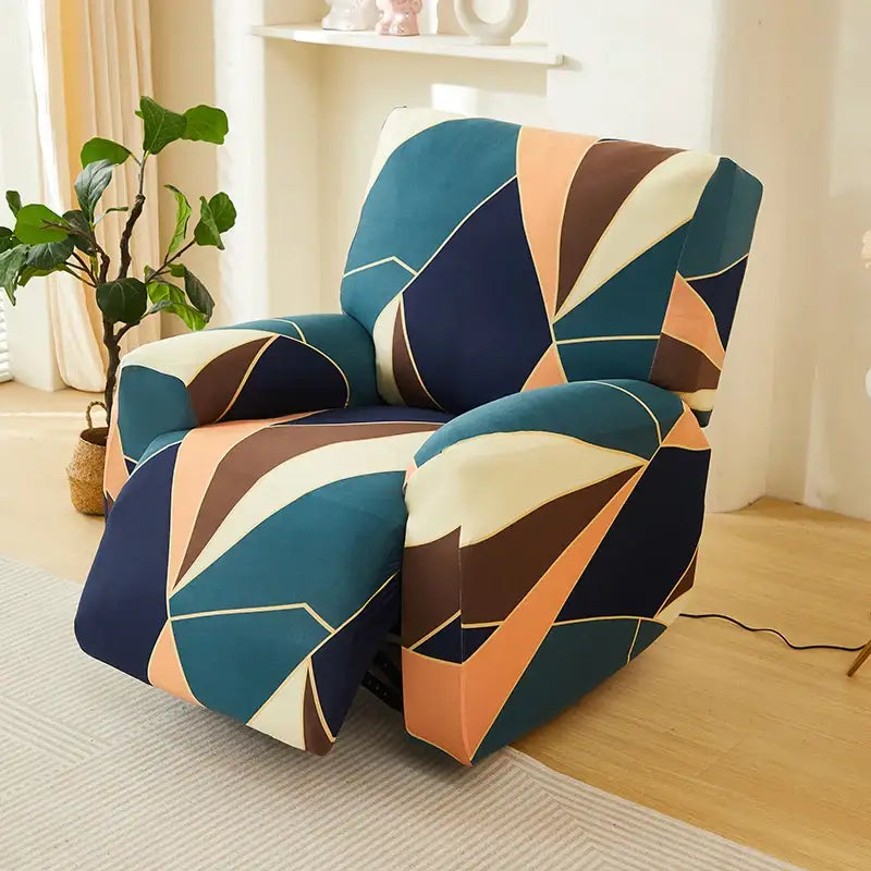 A geometric patterned stretchy recliner cover in navy blue teal beige and orange for living room use