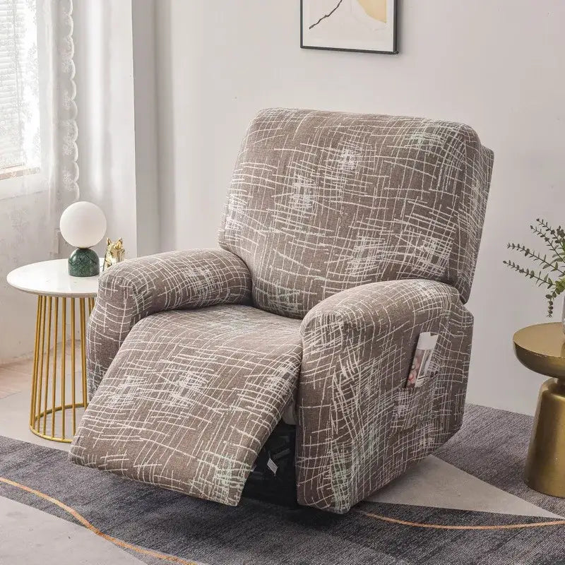 Taupe recliner chair with white abstract line pattern covered in stretchy fabric for living room use