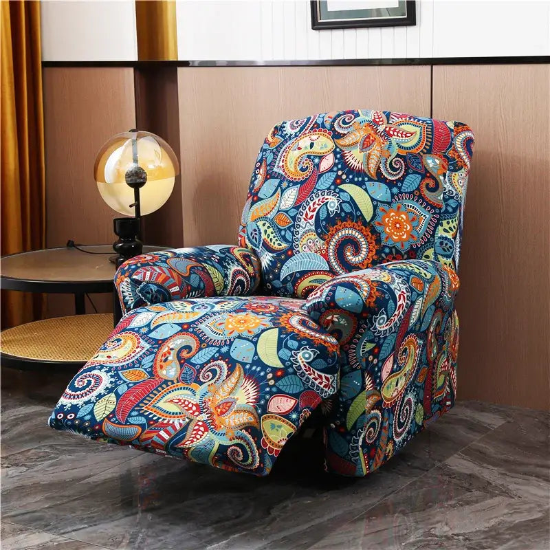 A vibrant blue stretchy paisley fabric cover adorns an adjustable recliner chair for living room use