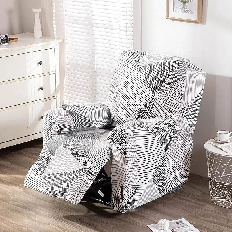 Black and white geometric-patterned stretch recliner cover designed for living room use