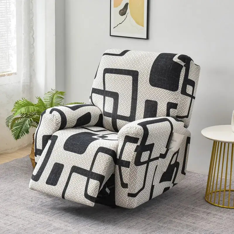 Black and white geometric-patterned stretch fabric recliner cover suitable for living room use