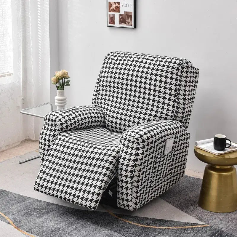 Geometric black and red stretch recliner cover with black and white houndstooth pattern for living room chair