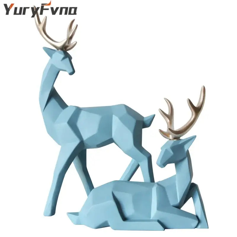 Blue geometric deer sculpture with metallic antlers featured in decorbites deer sculpture living room decor collection