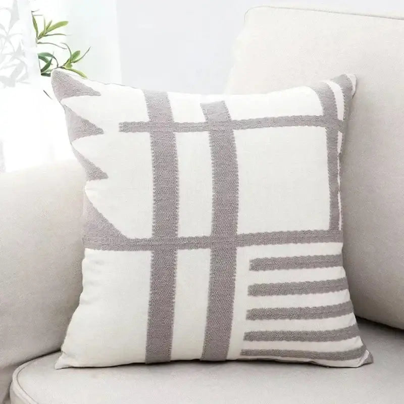 Off-white square cushion cover with textured gray geometric pattern in decorbites embroidered burlap for living room decor