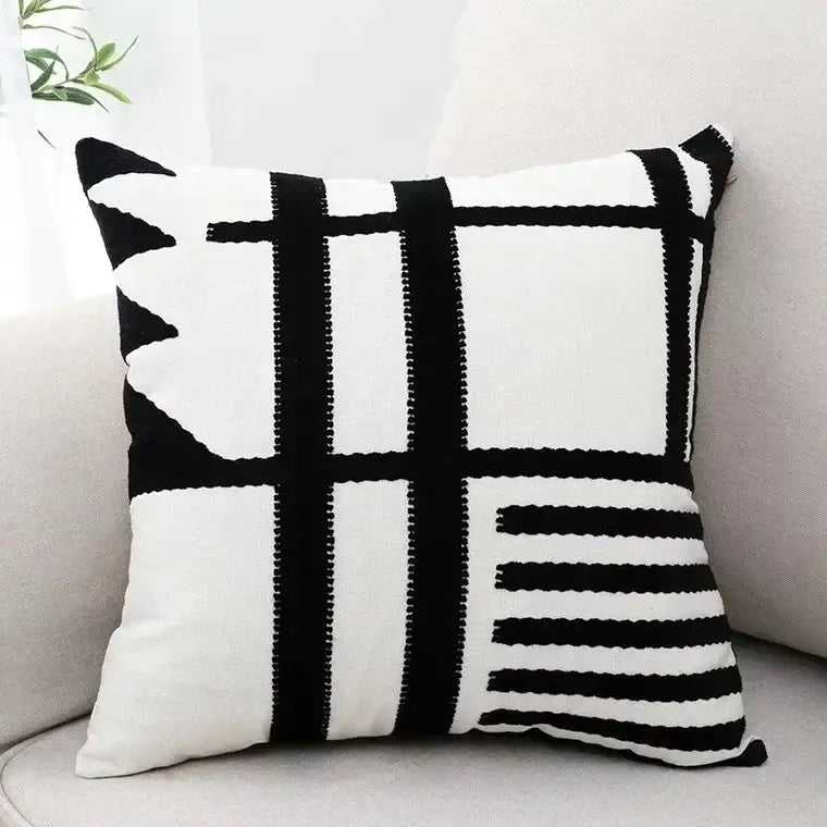 Black and white knitted throw pillow with geometric pattern decorbites embroidered burlap cushion cover for living room decor