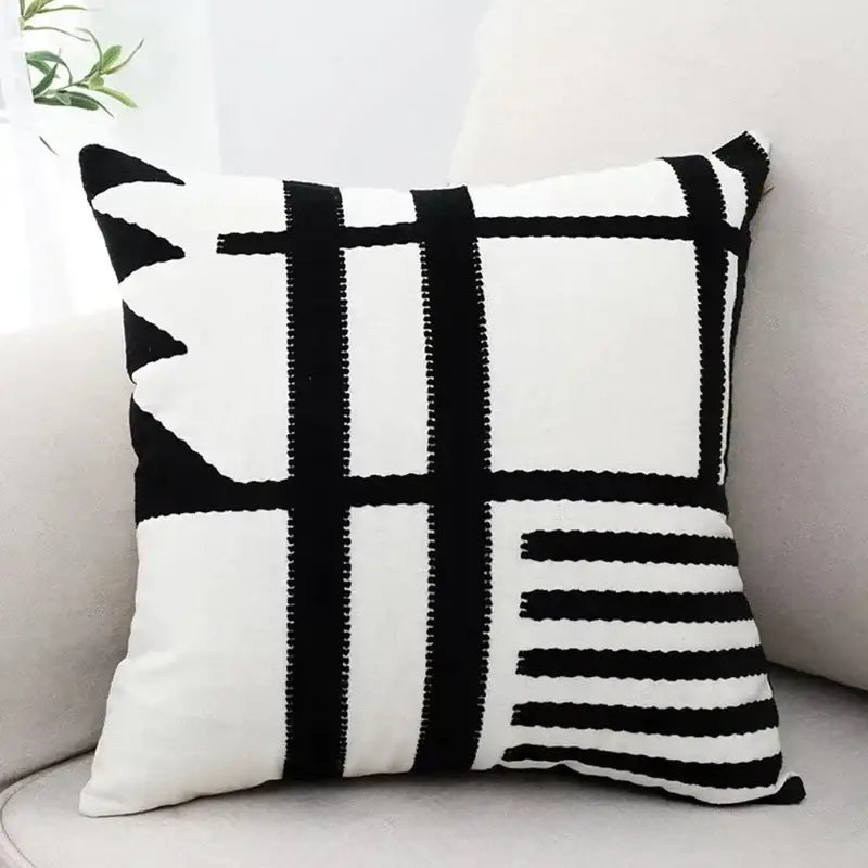 Black and white geometric grid cushion cover made of decorbites embroidered burlap for living room decor