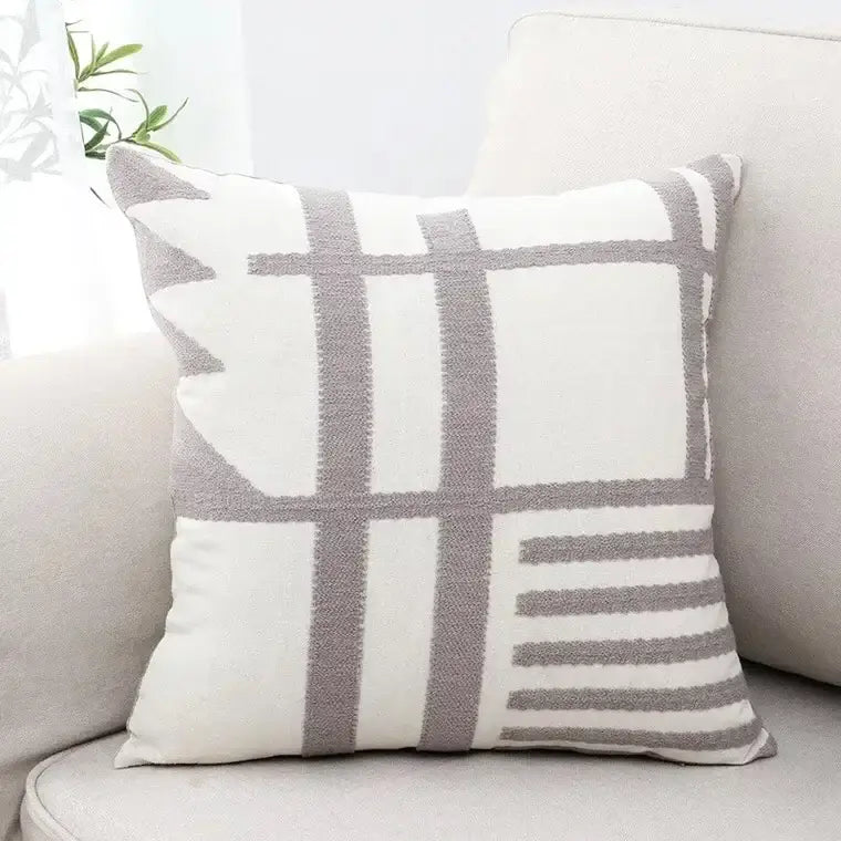 A square off-white cushion cover with gray geometric embroidered burlap pattern for living room decorbites decor