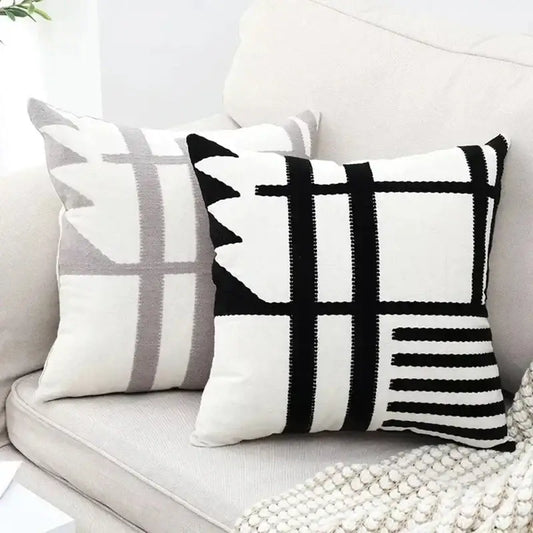 Black and white knitted throw pillow with geometric grid pattern decorbites embroidered burlap cushion cover for living room decor