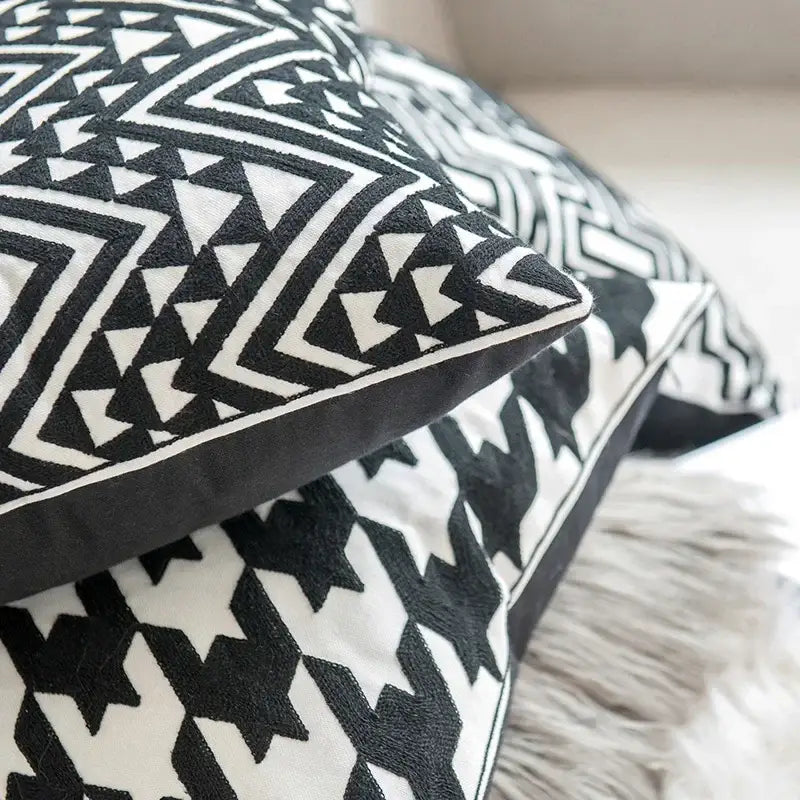 Geometric black white embroidered cushion cover with black and white geometric patterns for living room decorbites decor