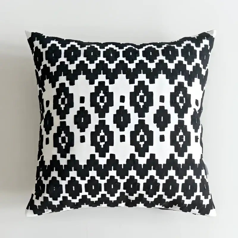 Black white embroidered cushion cover with geometric pattern and woven texture for living room decorbites decor