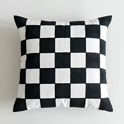 Black and white embroidered cushion cover with bold geometric checkered pattern for living room decorbites decor