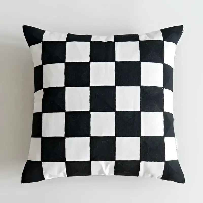 Black and white embroidered cushion cover with bold geometric checkered pattern for living room decorbites decor
